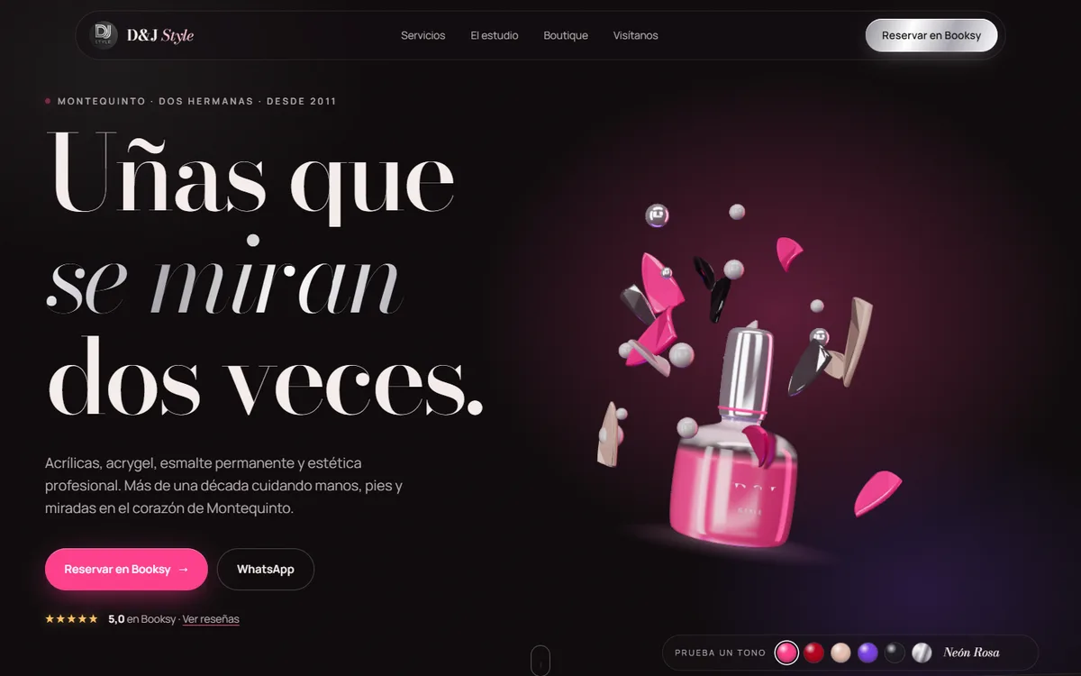 Página de inicio de D&J Style con el titular Uñas que se miran dos veces y un esmalte en 3D