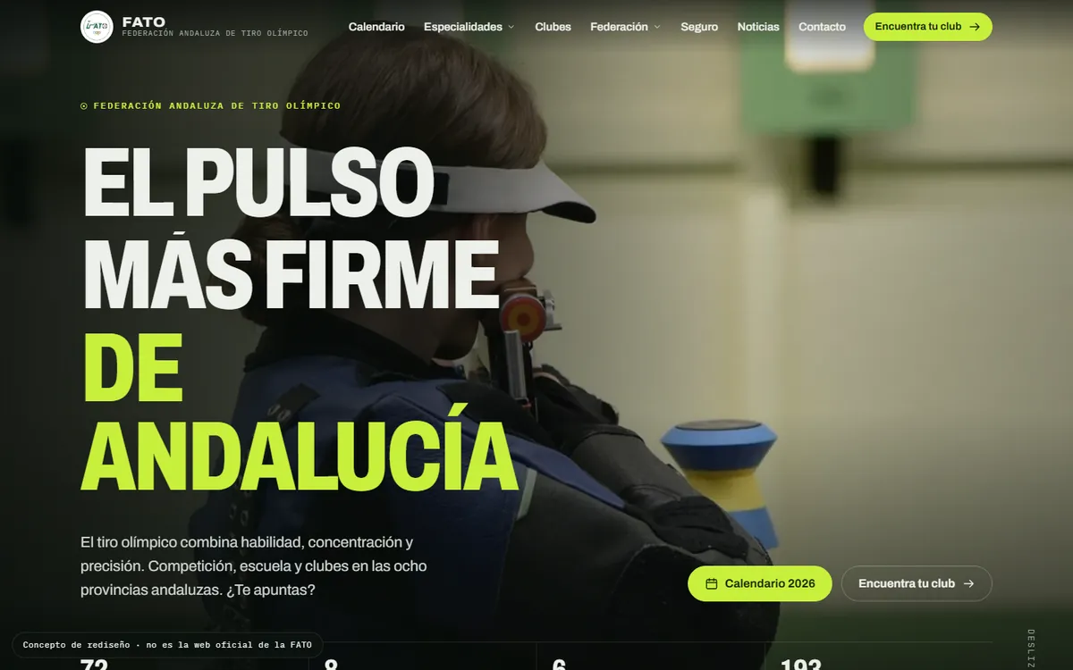 Página de inicio del rediseño de la Federación Andaluza de Tiro Olímpico con el titular El pulso más firme de Andalucía