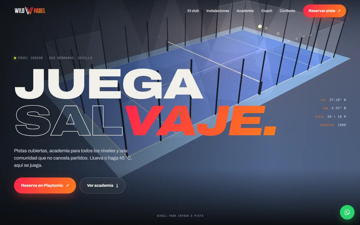 Página de inicio de Wild Padel Indoor con una pista de pádel en 3D y el titular Juega salvaje