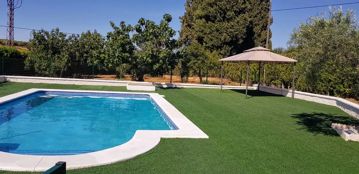 Piscina con forma romana rodeada de césped